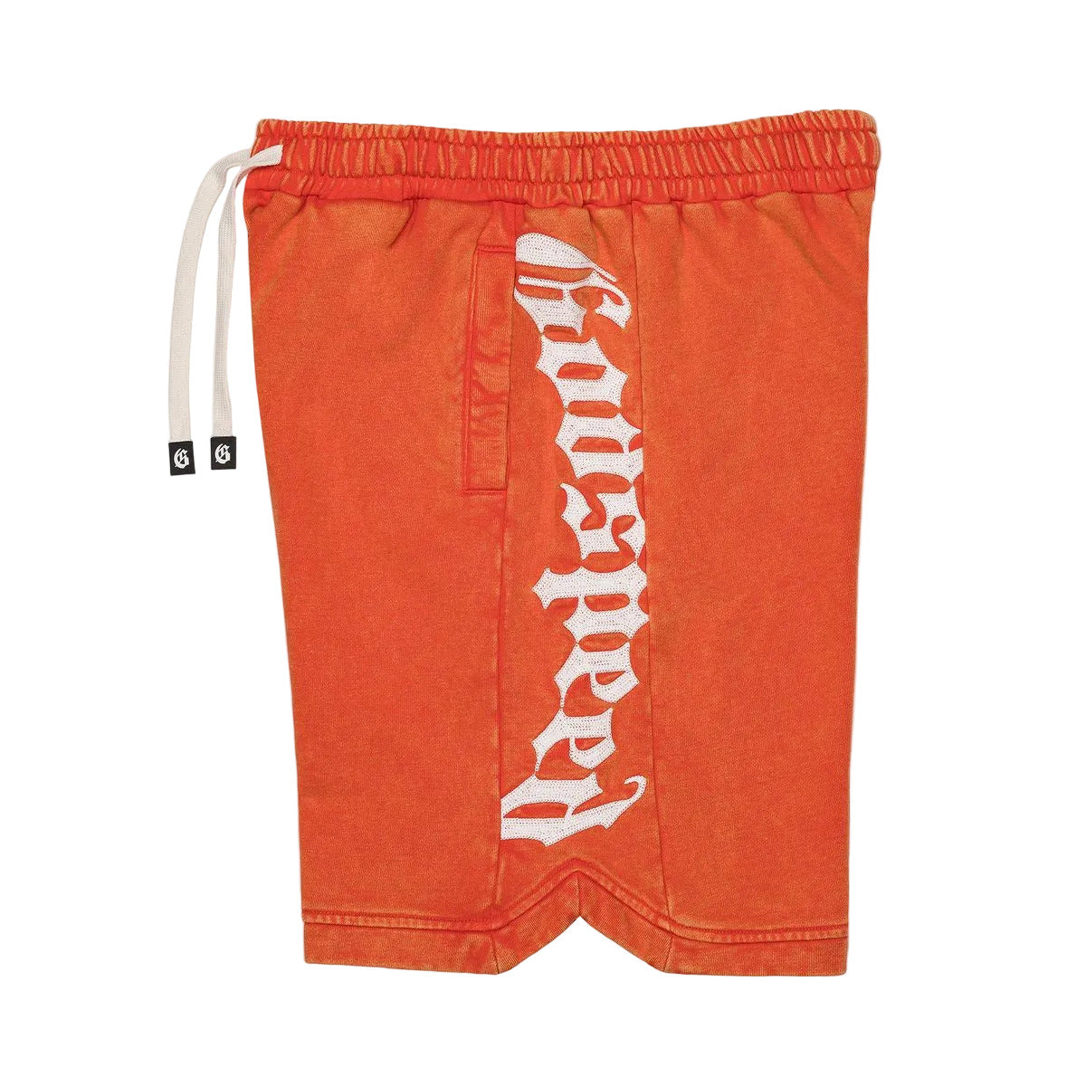 Courtside shorts in orange wash with heavyweight French terry fabric, hidden snap button pocket, and relaxed streetwear fit