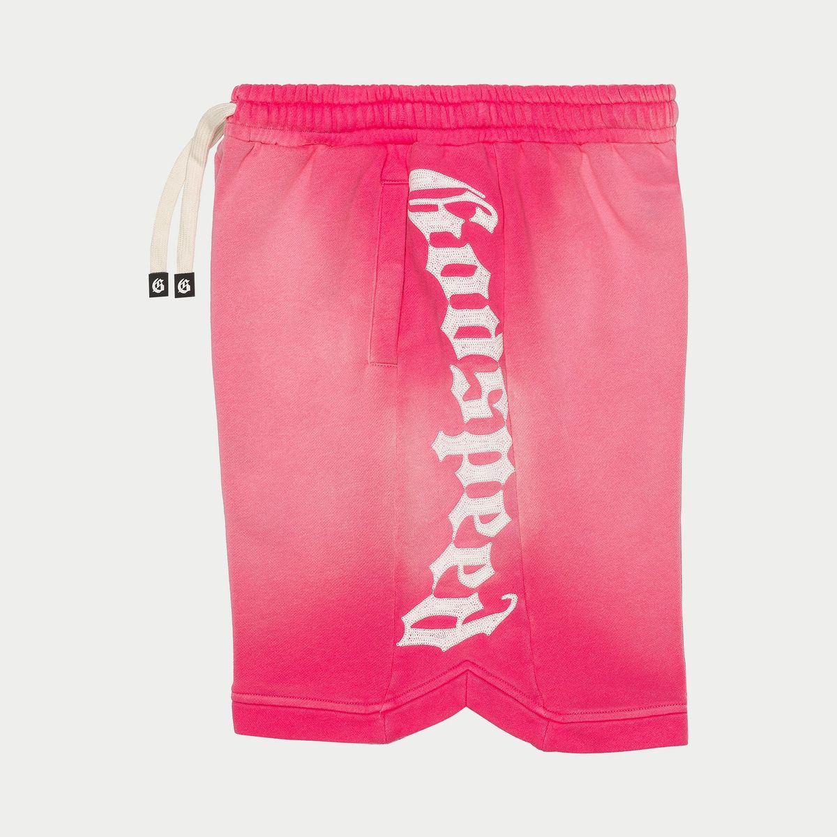 Pink shorts with a logo on a white background