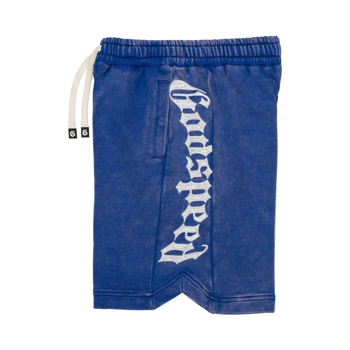 Courtside shorts in royal wash with heavyweight French terry fabric, hidden snap button pocket, and streetwear fit