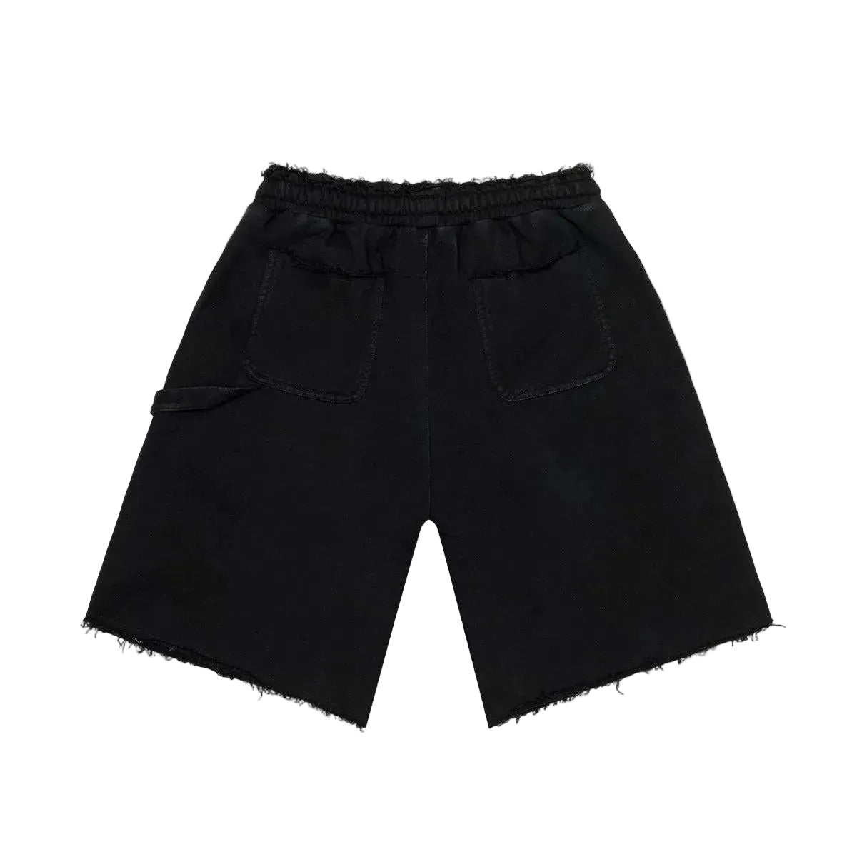 Godspeed distressed carpenter shorts in flat black with heavyweight cotton fabric, snap pocket detail, and rugged streetwear design