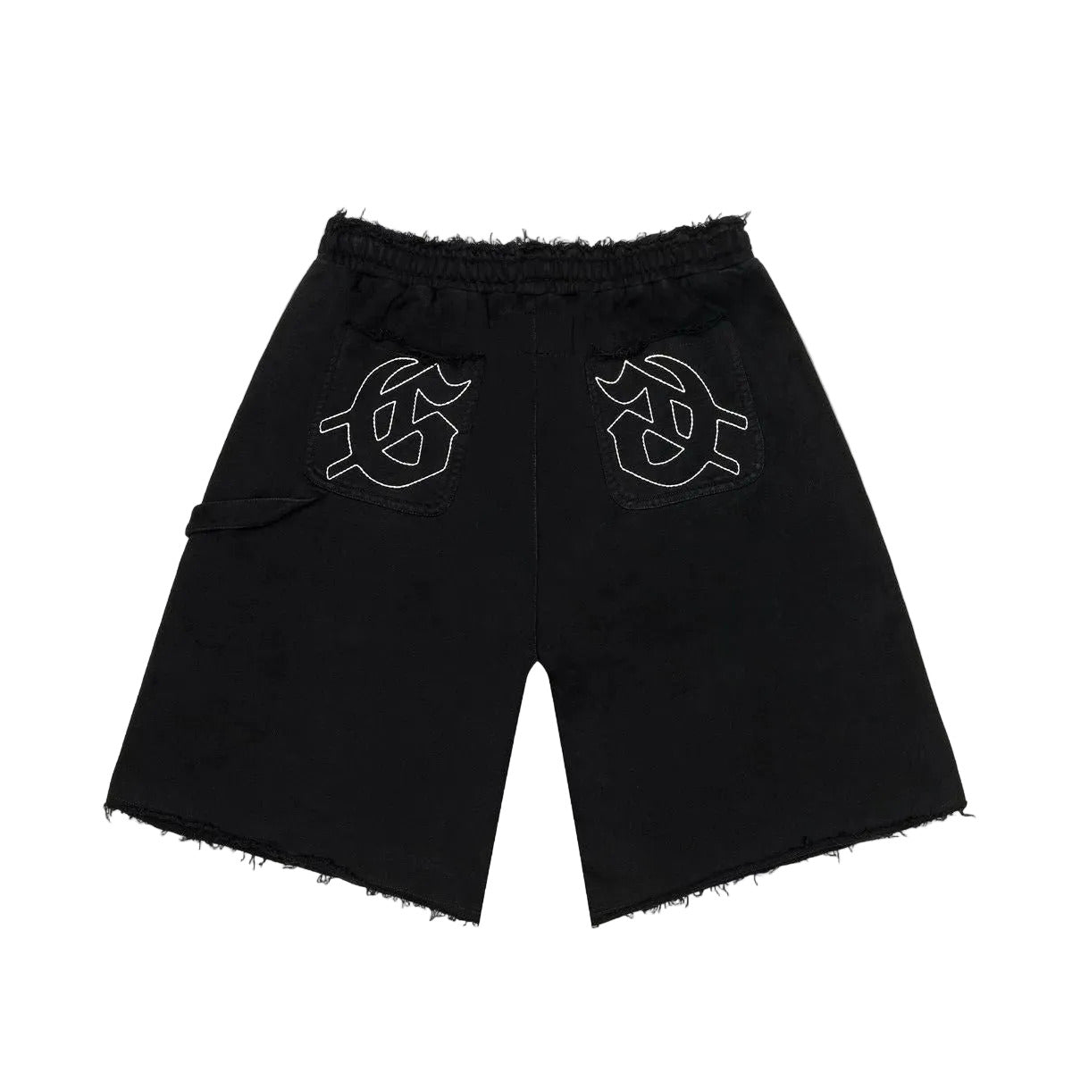 Godspeed distressed carpenter shorts in flat black with heavyweight cotton fabric, snap pocket detail, and rugged streetwear design