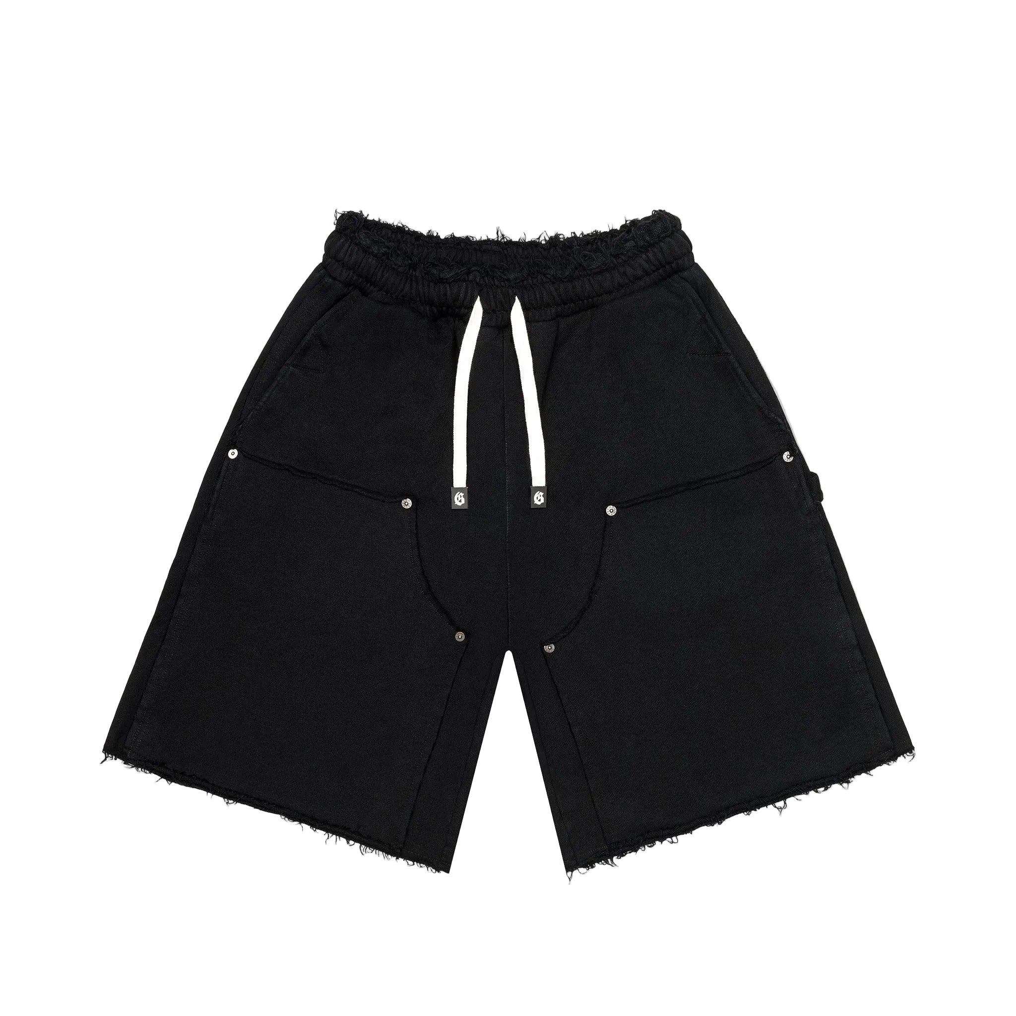 Godspeed distressed carpenter shorts in flat black with heavyweight cotton fabric, snap pocket detail, and rugged streetwear design