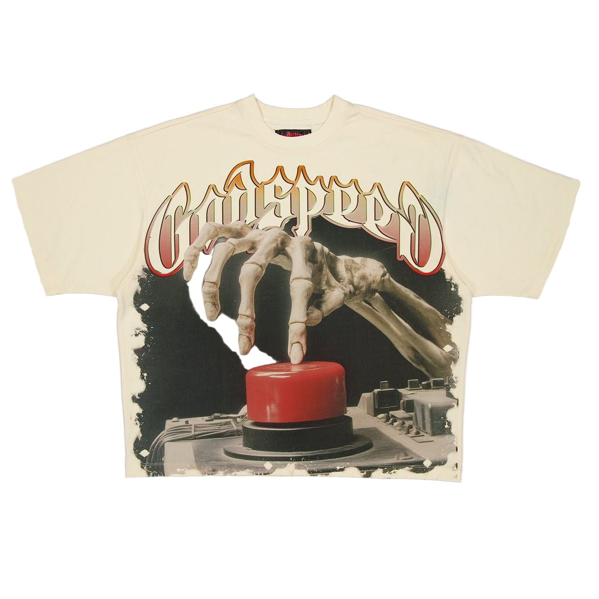 T-shirt with graphic design of skeleton hands pressing a red button and 'CultSpeed' text on a beige background