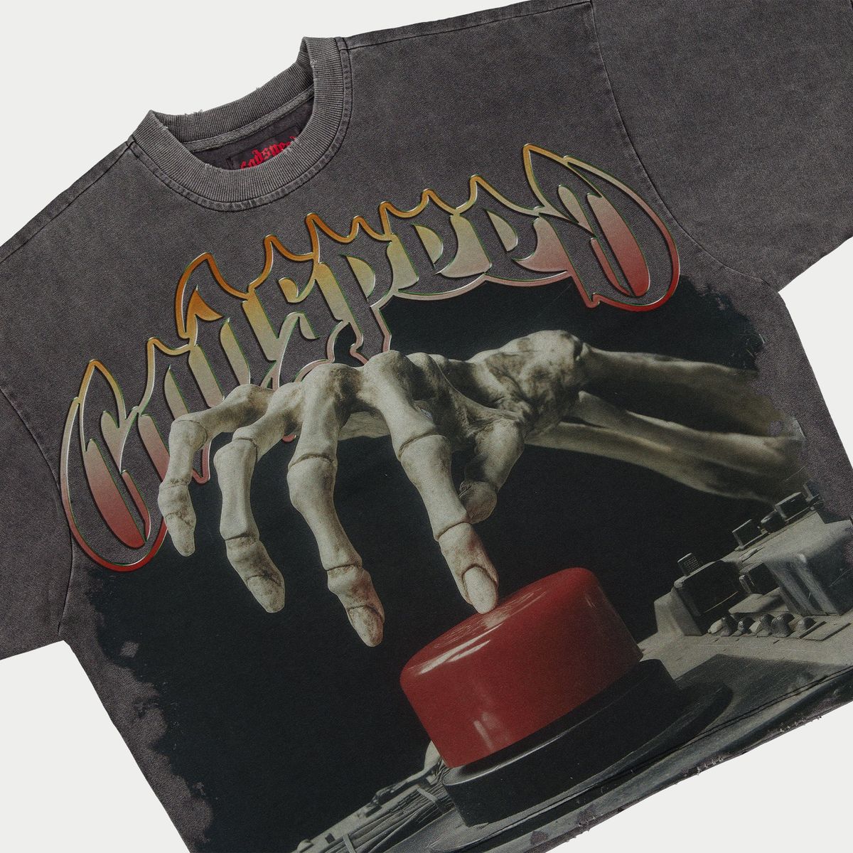 Grey wash Godspeed Detonator T-shirt with crown art graphic and stone embellishments, limited to 444 numbered editions.