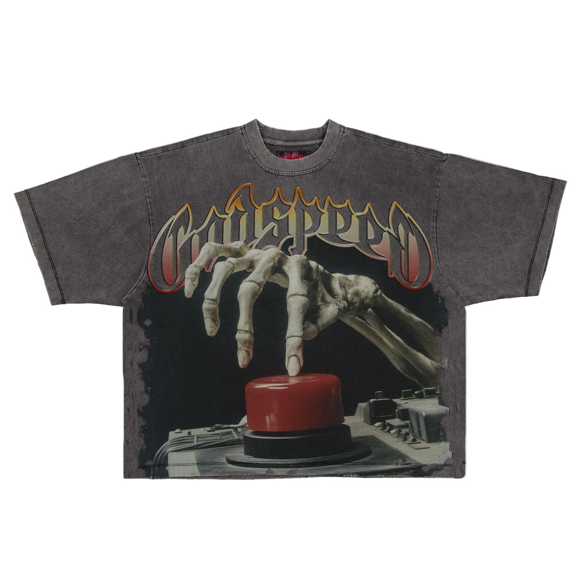 Grey wash Godspeed Detonator T-shirt with crown art graphic and stone embellishments, limited to 444 numbered editions.
