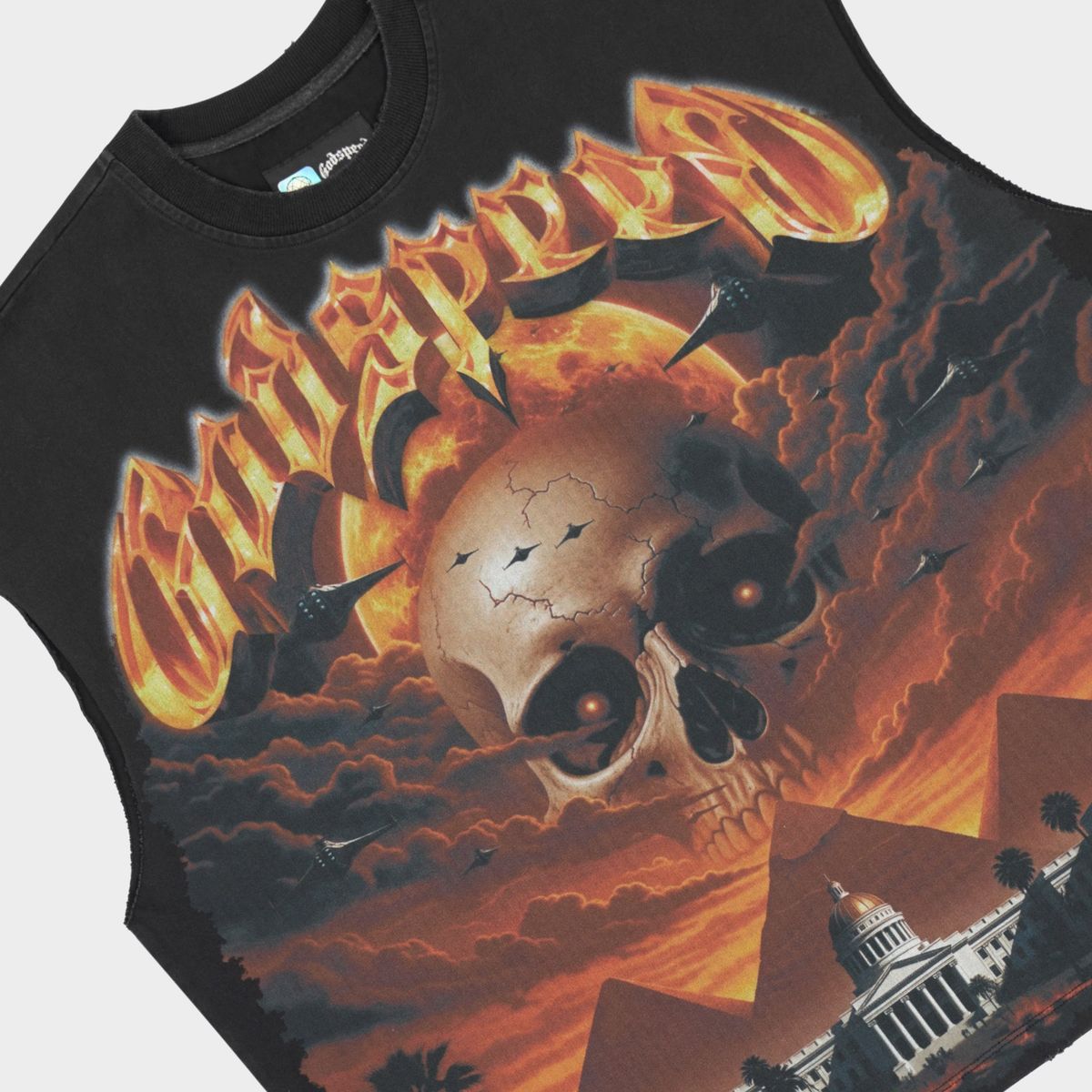 Godspeed Echoes Empire Sleeveless T-Shirt in Black Wash from the Rarity Collection, crafted from 10oz mid-weight washed fabric with a striking art piece and stones around the crown.