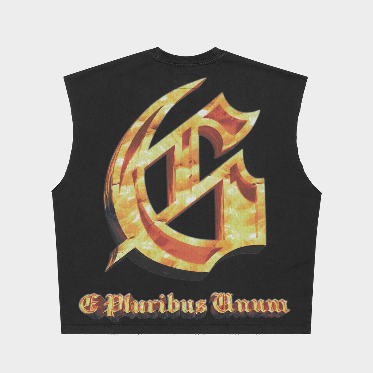 Godspeed Echoes Empire Sleeveless T-Shirt in Black Wash from the Rarity Collection, crafted from 10oz mid-weight washed fabric with a striking art piece and stones around the crown.