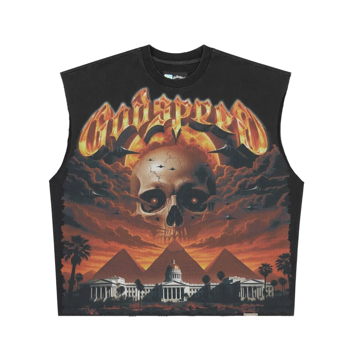 Godspeed Echoes Empire Sleeveless T-Shirt in Black Wash from the Rarity Collection, crafted from 10oz mid-weight washed fabric with a striking art piece and stones around the crown.
