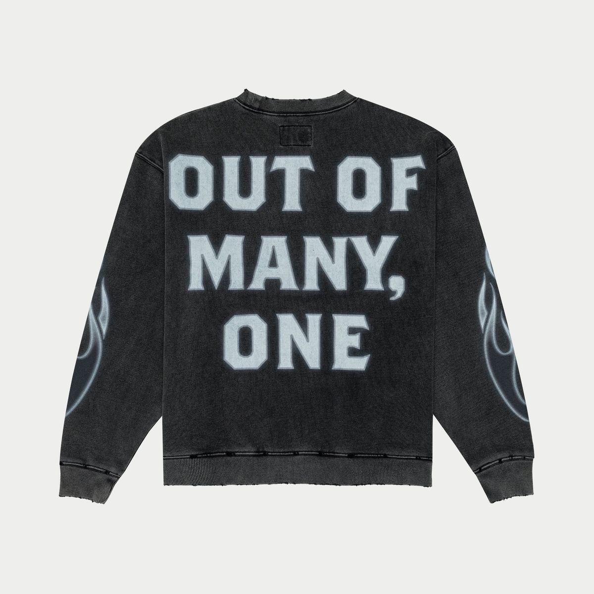 Black sweatshirt with white text 'OUT OF MANY, ONE' on a light gray background