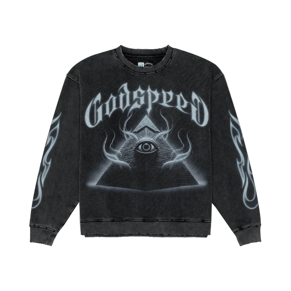 Black sweatshirt with 'Godspeed' design on a white background