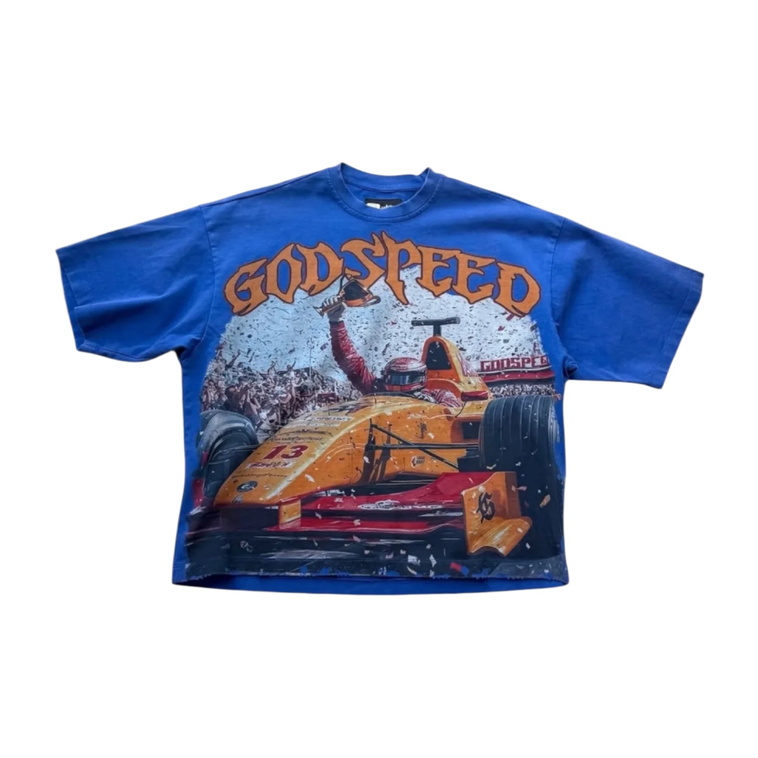 F1 Finish line Tee (Blue f1 inspired blue graphic t-shirt with vintage fade and bold racing print laid flat on white background)