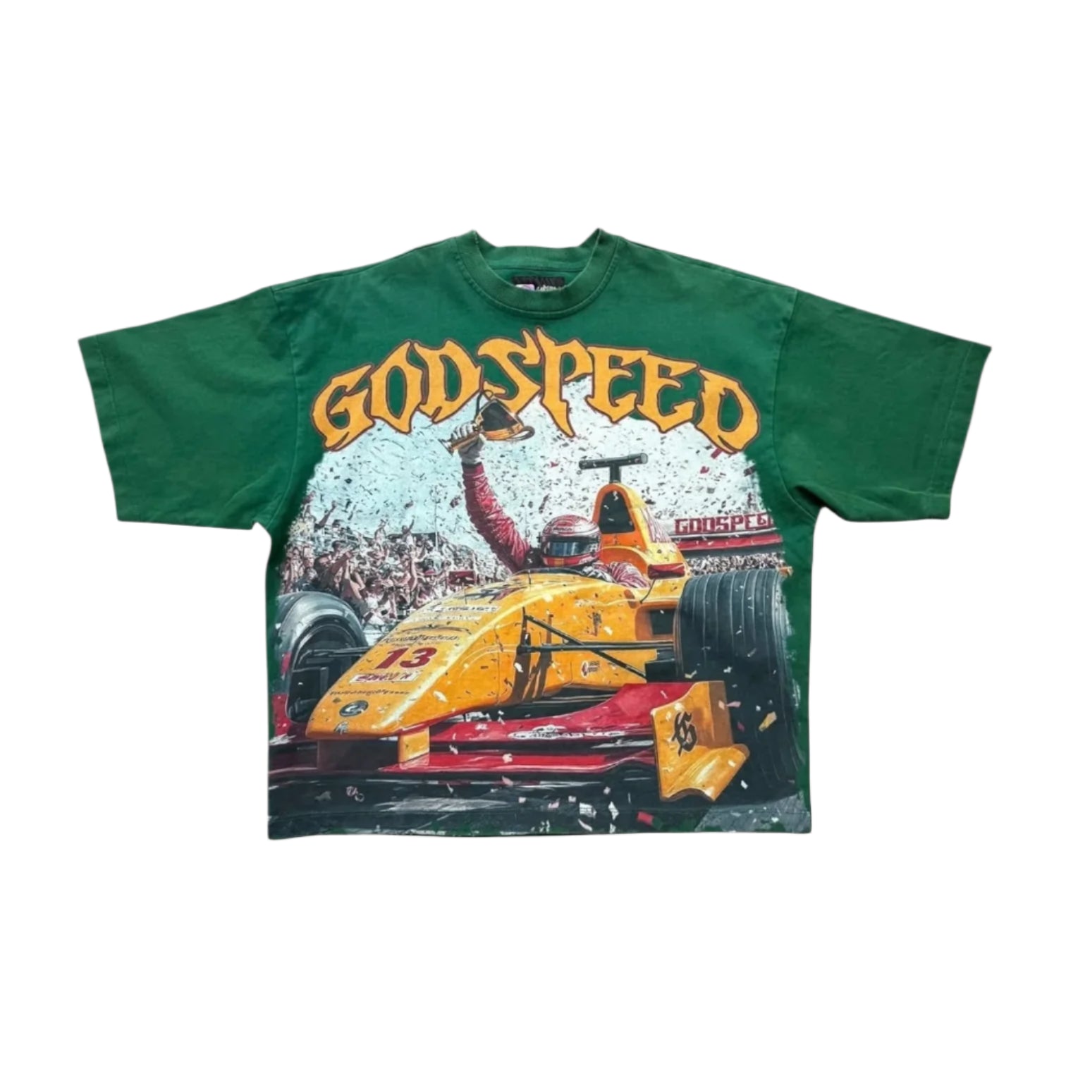 forest green f1 graphic t-shirt with vintage finish line design and faded wash displayed flat on surface