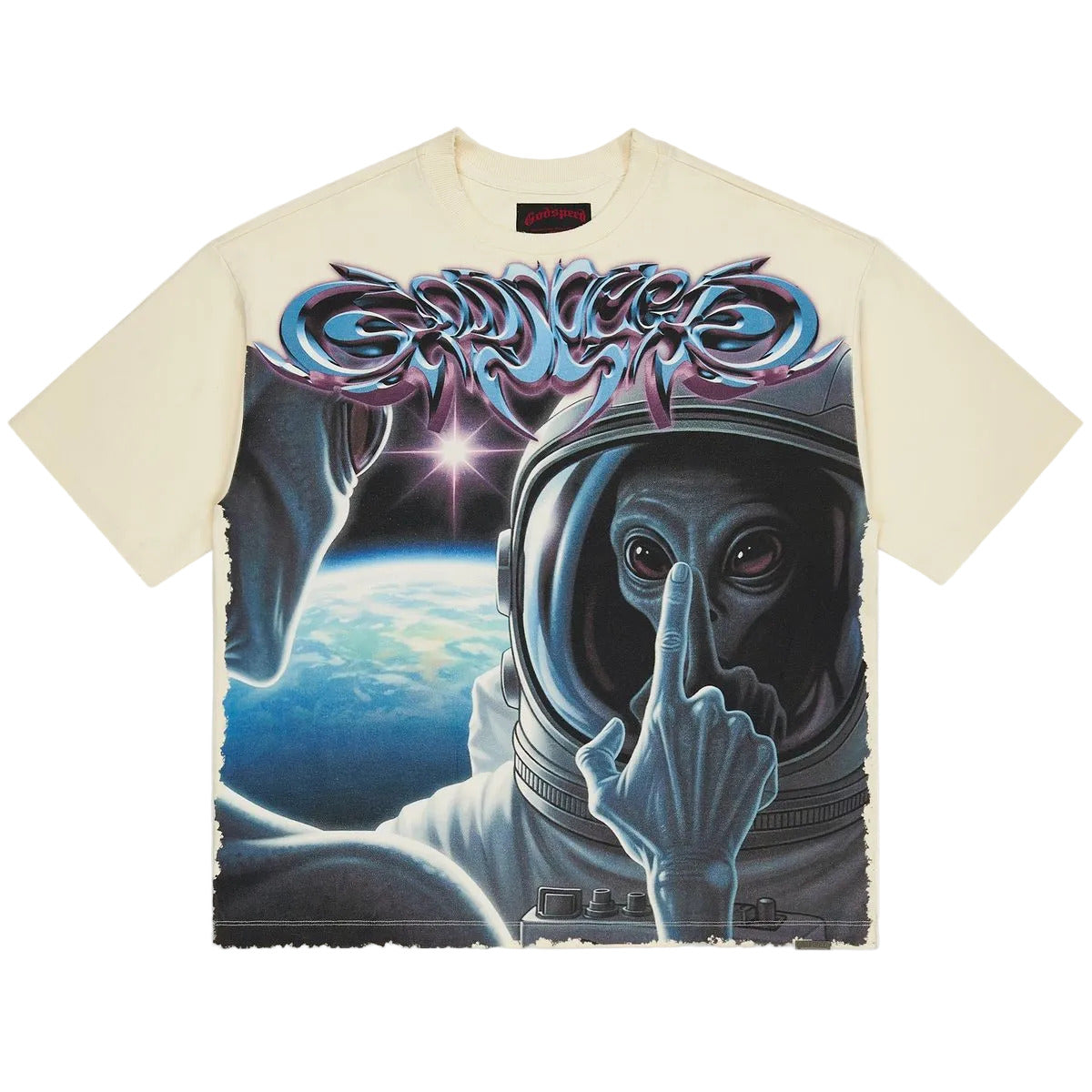 Godspeed First Contact 2 T-Shirt in bone with Star-Keeper graphic and stone embellishments around the crown