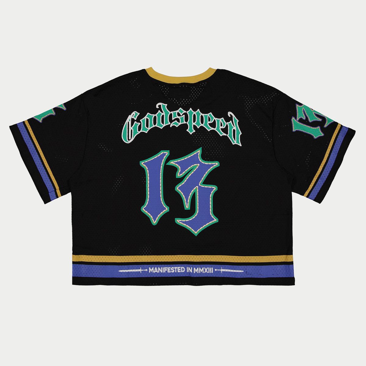 Black, yellow, and blue Godspeed Touch Down Jersey with oversized graphics and sports-inspired streetwear design.