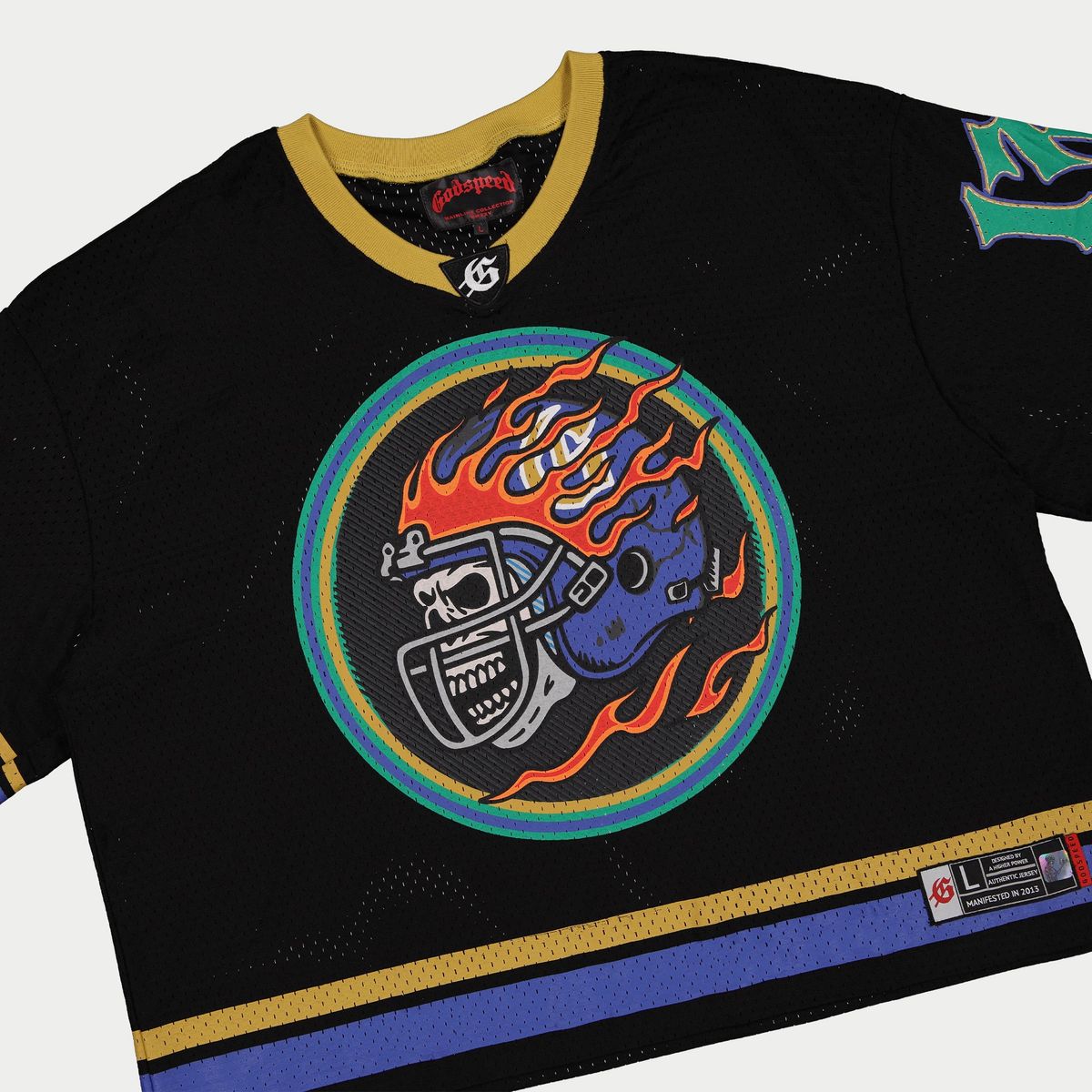 Black, yellow, and blue Godspeed Touch Down Jersey with oversized graphics and sports-inspired streetwear design.