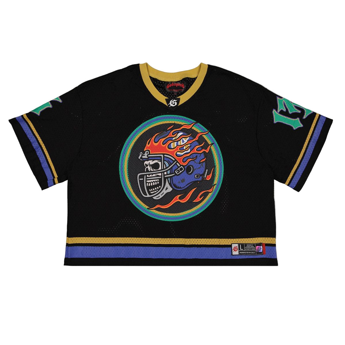 Black, yellow, and blue Godspeed Touch Down Jersey with oversized graphics and sports-inspired streetwear design.