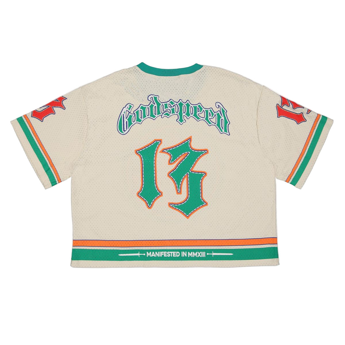 Bone, teal, and orange Godspeed Touch Down Jersey with oversized logo graphics and athletic-inspired design.