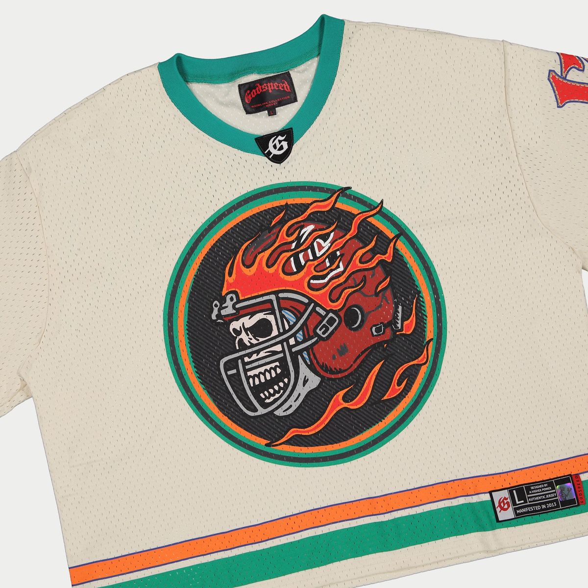 Bone, teal, and orange Godspeed Touch Down Jersey with oversized logo graphics and athletic-inspired design.