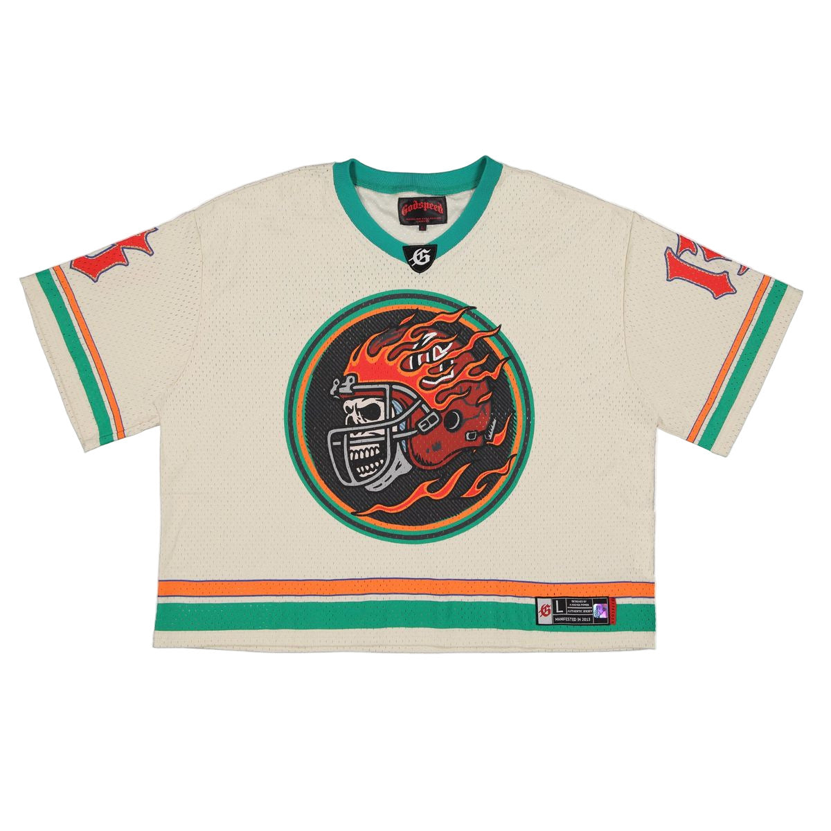 Bone, teal, and orange Godspeed Touch Down Jersey with oversized logo graphics and athletic-inspired design.