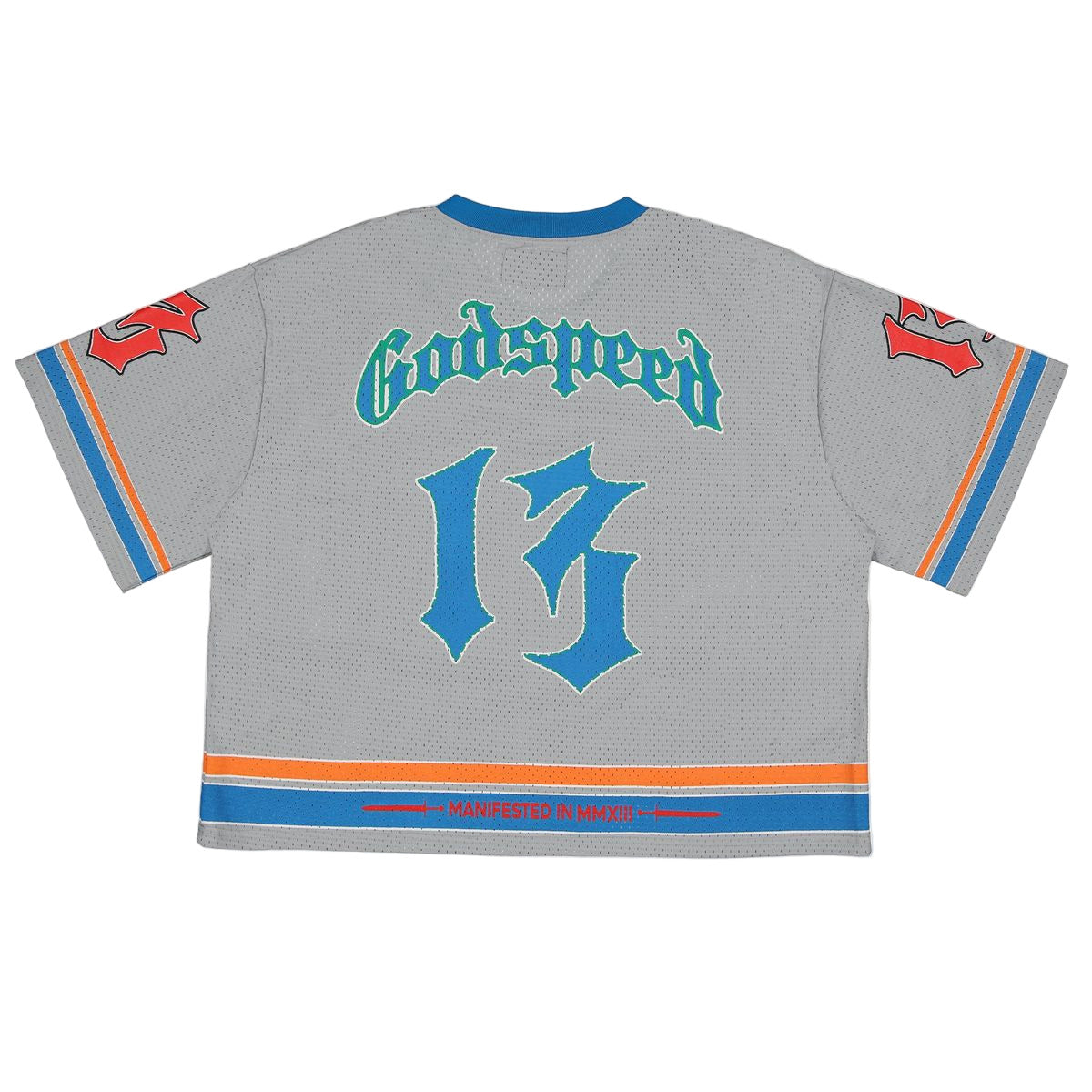 Grey, blue, and orange Godspeed Touch Down Jersey featuring oversized logo graphics and athletic-inspired design.