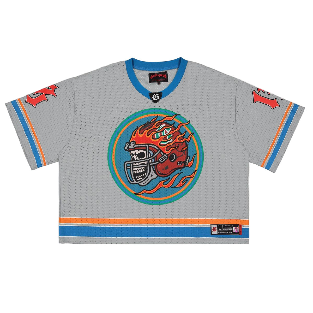Grey, blue, and orange Godspeed Touch Down Jersey featuring oversized logo graphics and athletic-inspired design.
