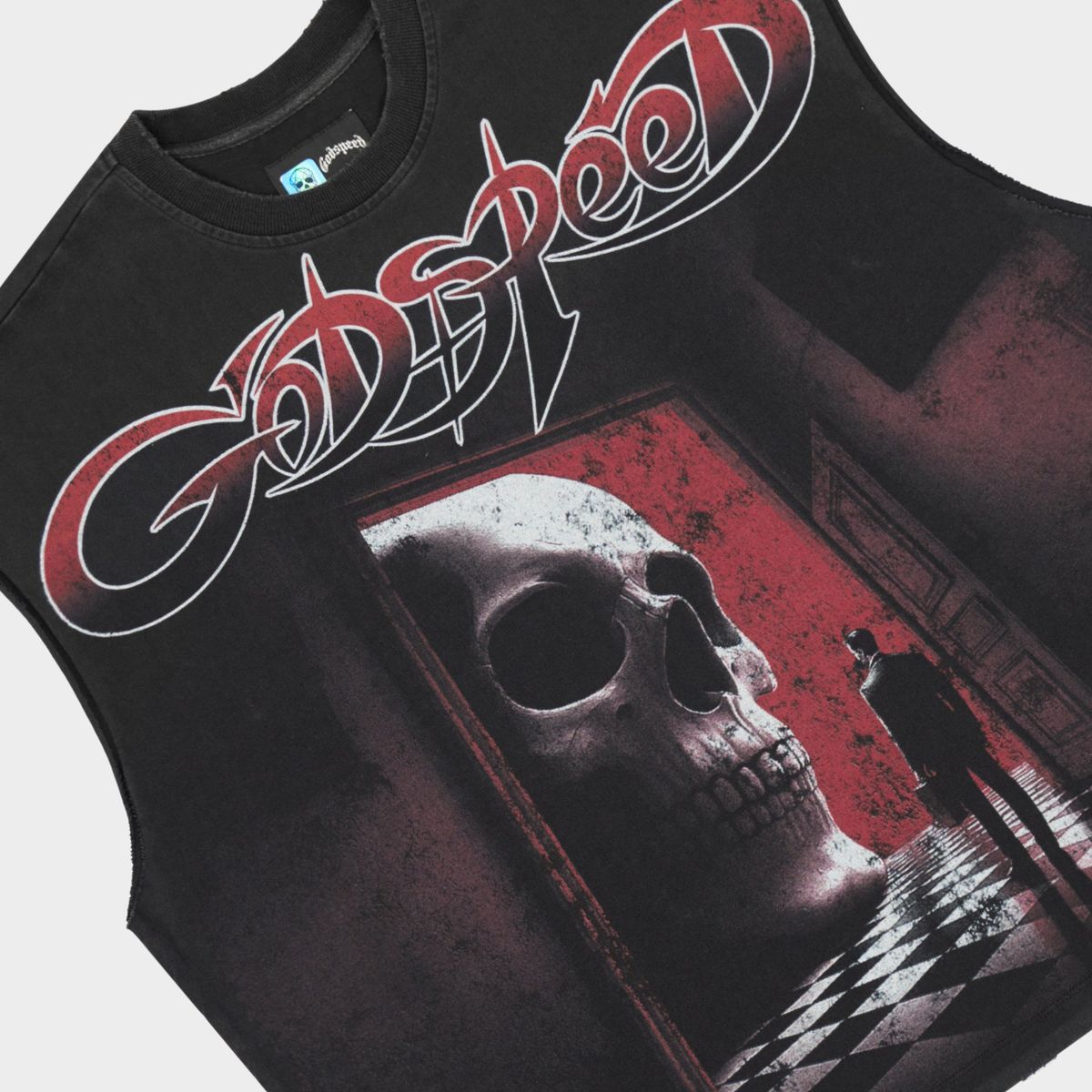 Godspeed Fate’s Doorstep Sleeveless T-Shirt in Black from the Rarity Collection, crafted from 10oz mid-weight washed fabric with a striking art piece and stones around the crown.
