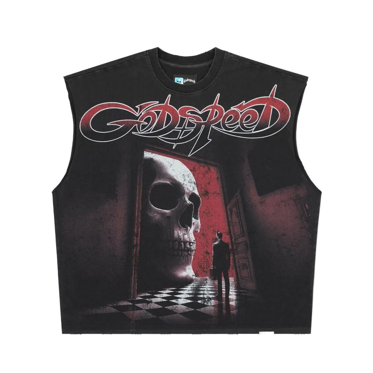 Godspeed Fate’s Doorstep Sleeveless T-Shirt in Black from the Rarity Collection, crafted from 10oz mid-weight washed fabric with a striking art piece and stones around the crown.