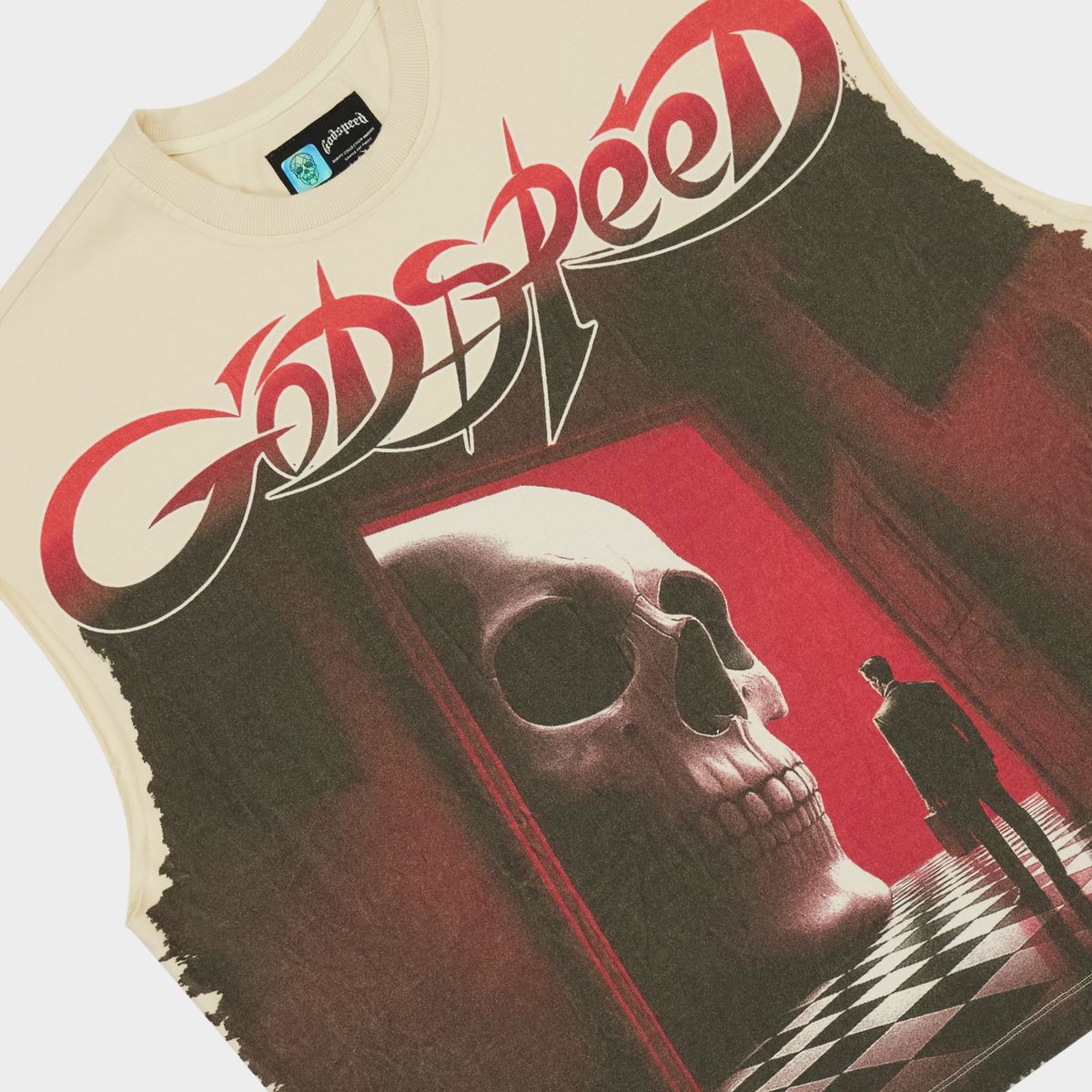 Godspeed Fate’s Doorstep Sleeveless T-Shirt in Bone from the Rarity Collection, crafted from 10oz mid-weight washed fabric with a striking art piece and stones around the crown.