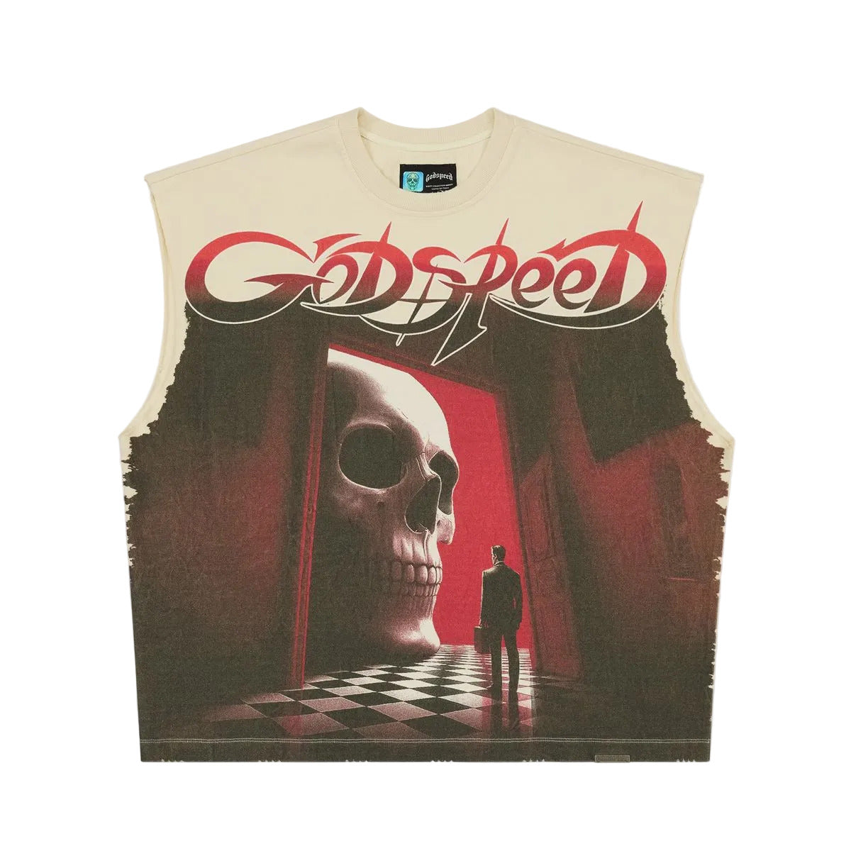 Godspeed Fate’s Doorstep Sleeveless T-Shirt in Bone from the Rarity Collection, crafted from 10oz mid-weight washed fabric with a striking art piece and stones around the crown.