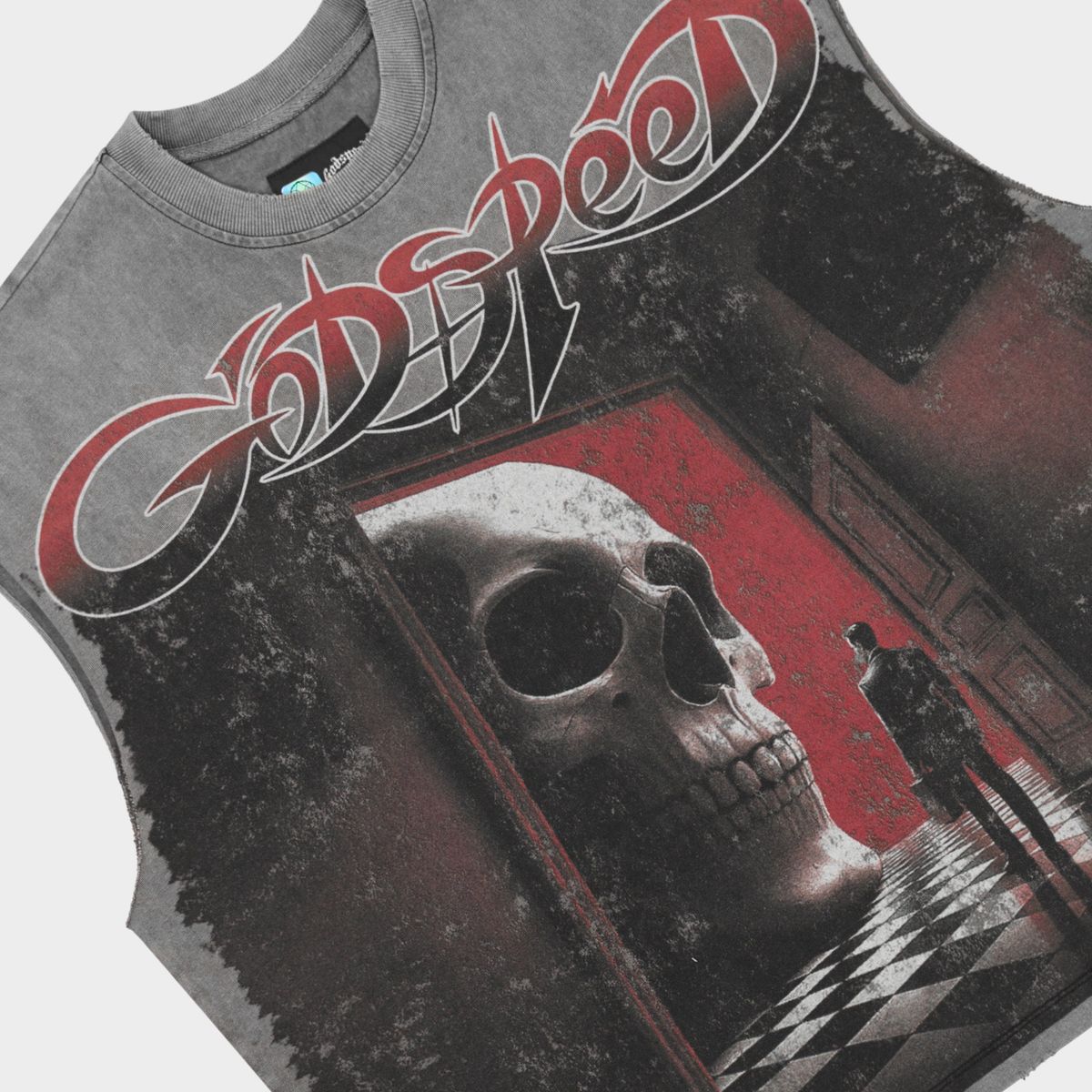 Godspeed Fate’s Doorstep Sleeveless T-Shirt in Grey Wash from the Rarity Collection, crafted from 10oz mid-weight washed fabric with a striking art piece and stones around the crown.
