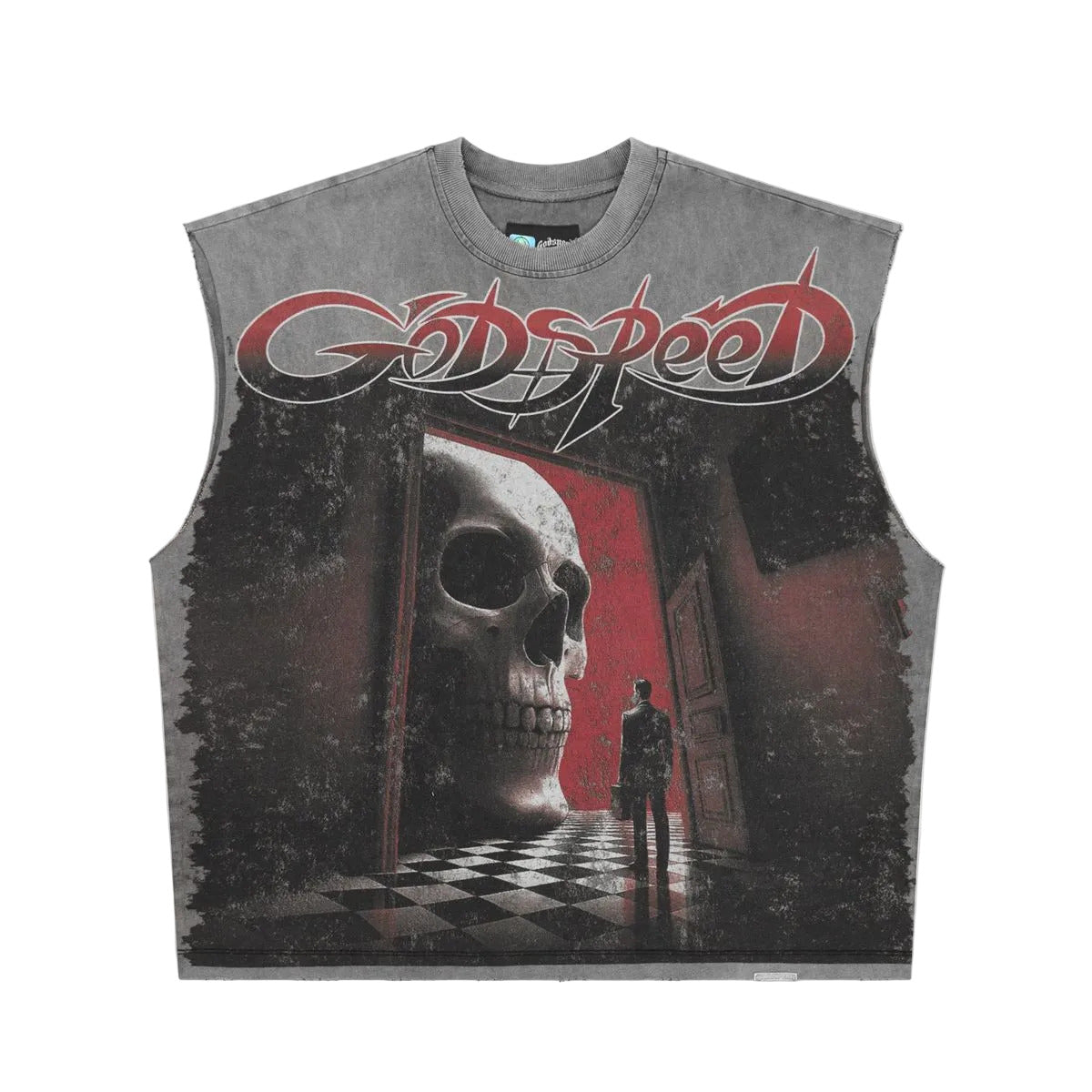 Godspeed Fate’s Doorstep Sleeveless T-Shirt in Grey Wash from the Rarity Collection, crafted from 10oz mid-weight washed fabric with a striking art piece and stones around the crown.