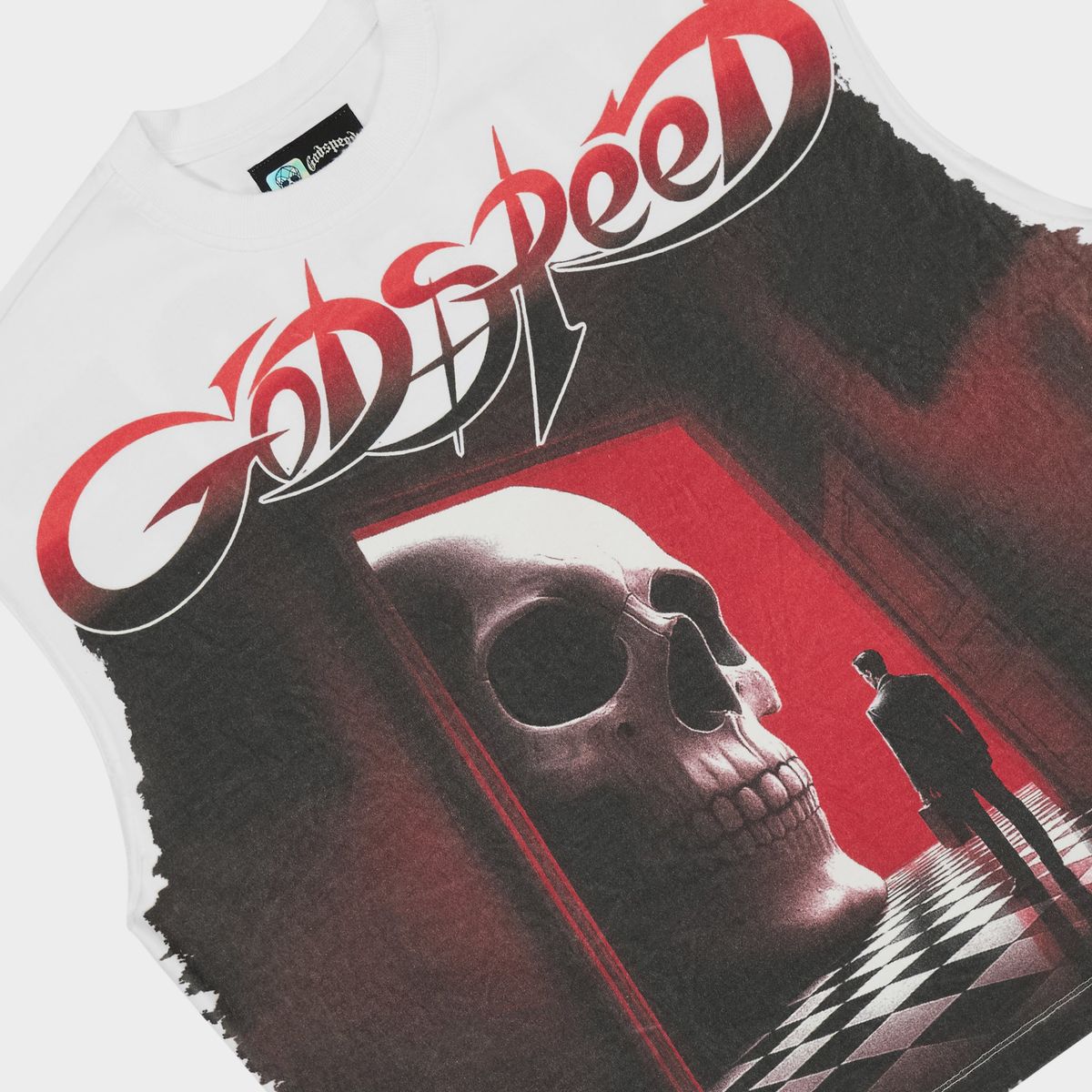Godspeed Fate’s Doorstep Sleeveless T-Shirt in White from the Rarity Collection, crafted from 10oz mid-weight washed fabric with a striking art piece and stones around the crown.