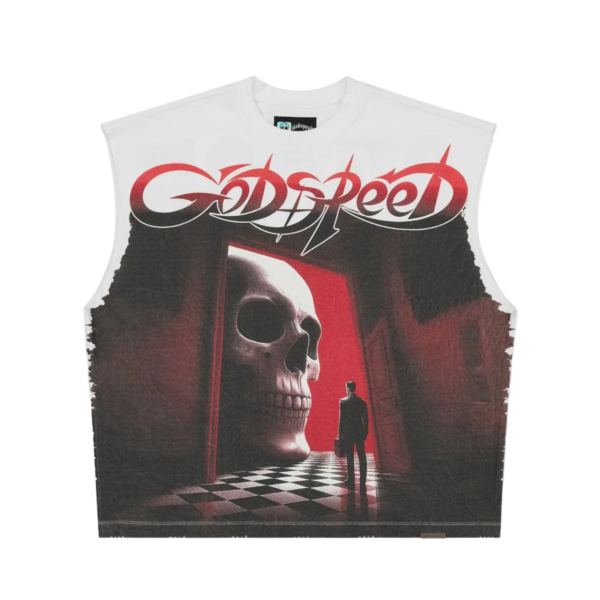 Godspeed Fate’s Doorstep Sleeveless T-Shirt in White from the Rarity Collection, crafted from 10oz mid-weight washed fabric with a striking art piece and stones around the crown.