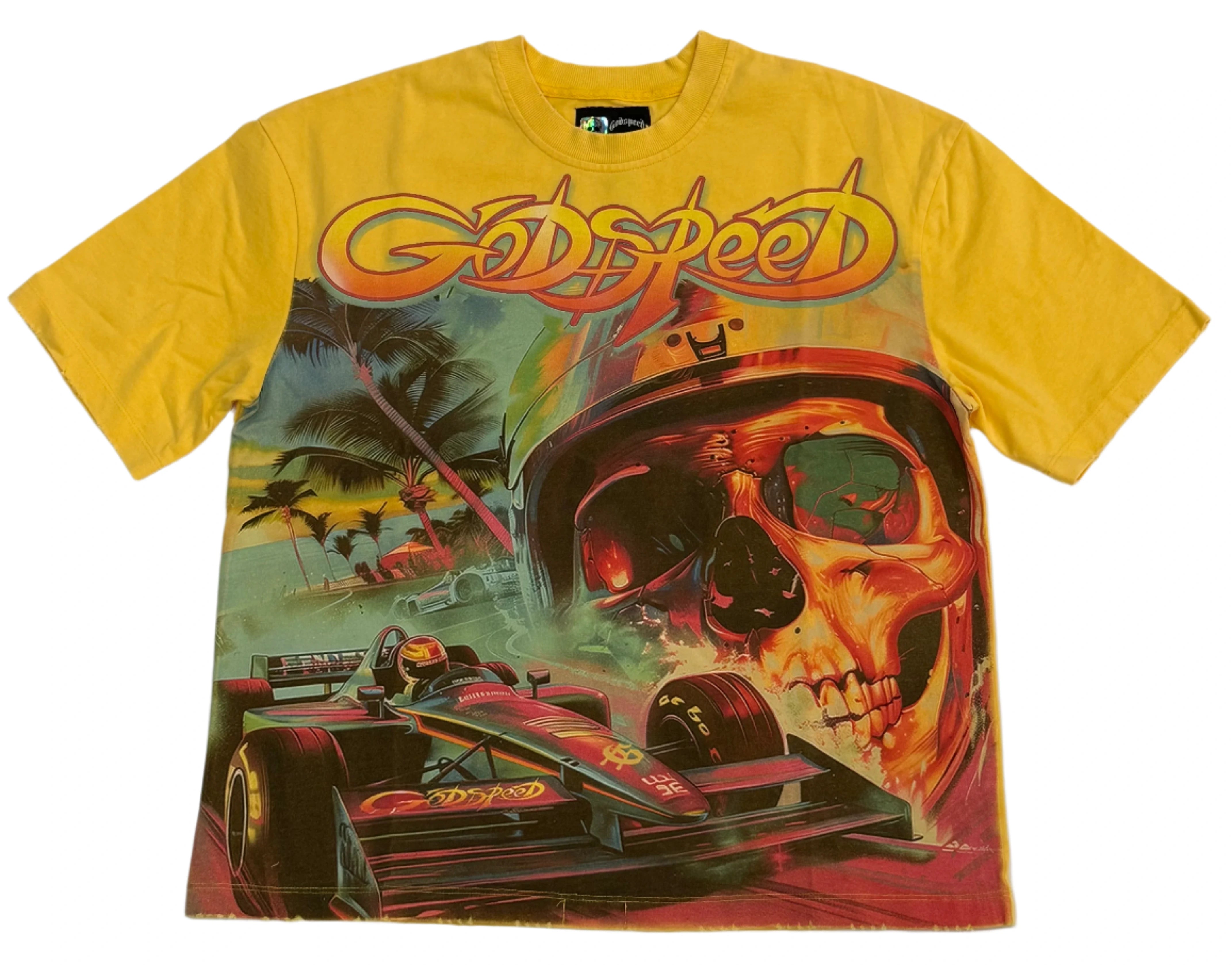 Godspeed F1 Dreams yellow t-shirt with graphic art and stone details