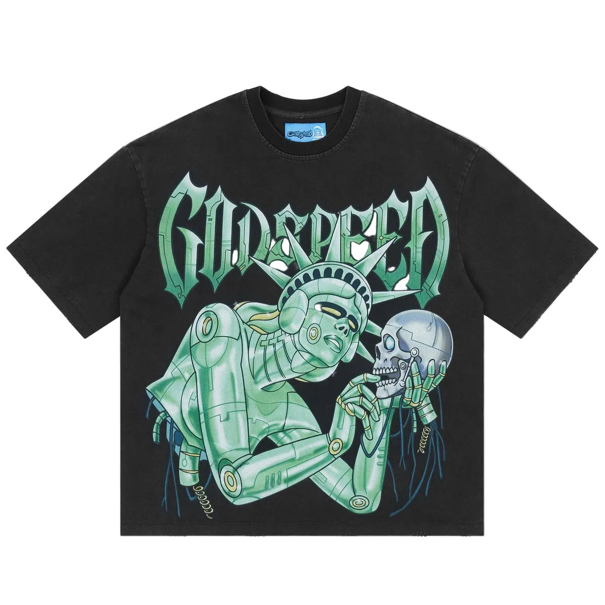 Godspeed Freedoms Protocol T-shirt featuring bold graphic artwork, stone crown detailing, and premium mid-weight washed fabric.