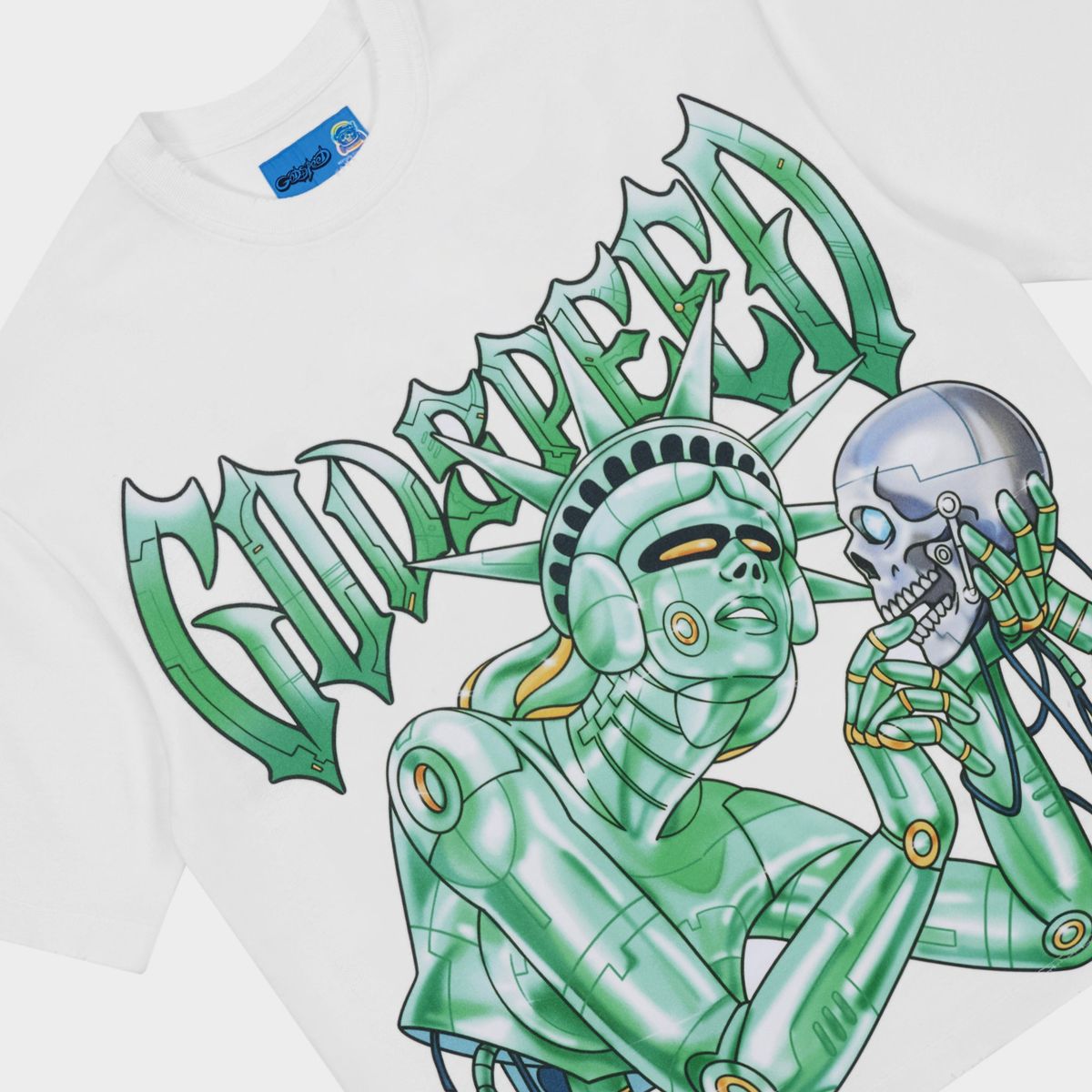 Godspeed Freedoms Protocol T-shirt with bold graphic artwork, stone crown detailing, and mid-weight washed fabric for premium streetwear style.