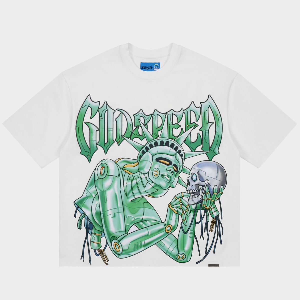 Godspeed Freedoms Protocol T-shirt with bold graphic artwork, stone crown detailing, and mid-weight washed fabric for premium streetwear style.