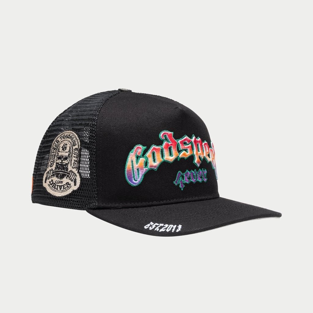 Godspeed 4ever Signature Trucker Hat with color-changing embroidery, collectible pin set, and limited edition packaging.