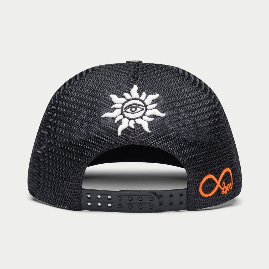 Godspeed 4ever Signature Trucker Hat with color-changing embroidery, collectible pin set, and limited edition packaging.