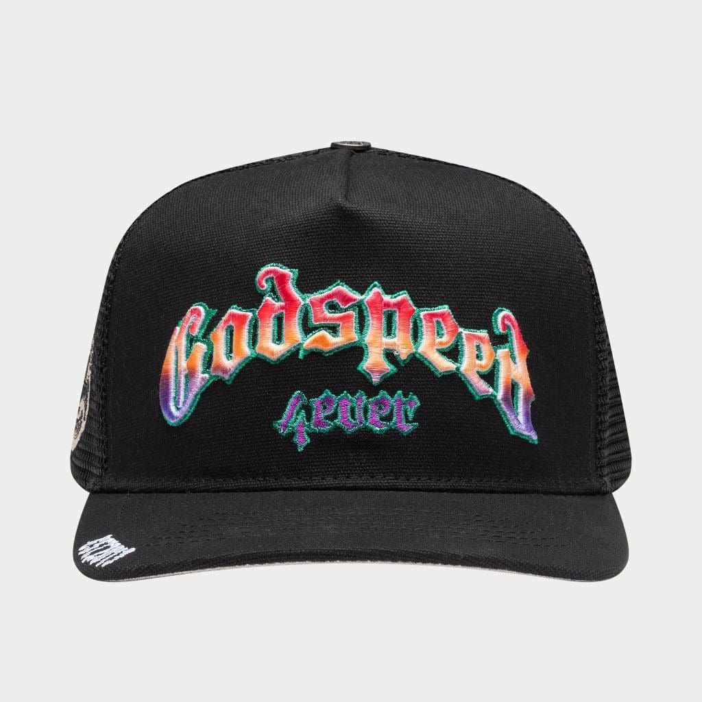 Godspeed 4ever Signature Trucker Hat with color-changing embroidery, collectible pin set, and limited edition packaging.
