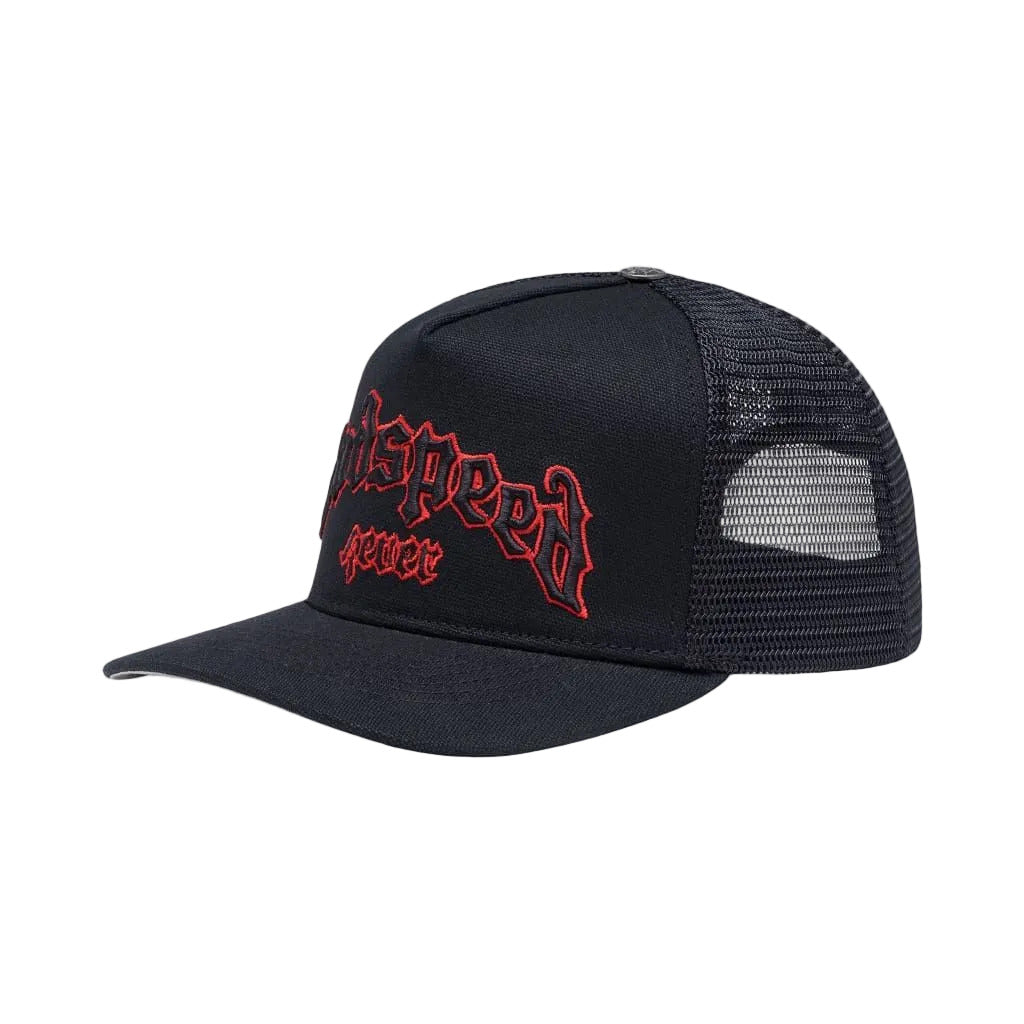 Godspeed GS Forever Trucker Hat in black and red featuring color-changing embroidery, mesh-back construction, collectible pin set, and limited-edition packaging.