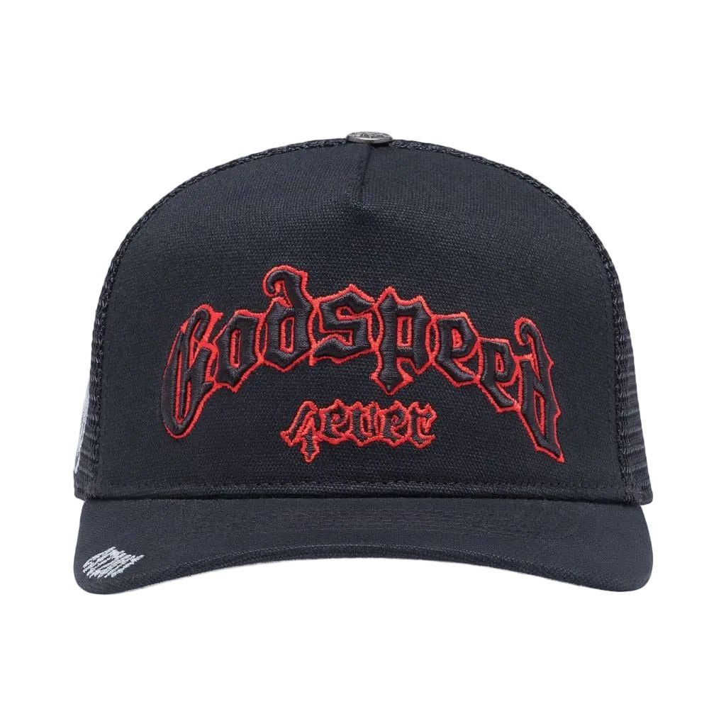 Godspeed GS Forever Trucker Hat in black and red featuring color-changing embroidery, mesh-back construction, collectible pin set, and limited-edition packaging.