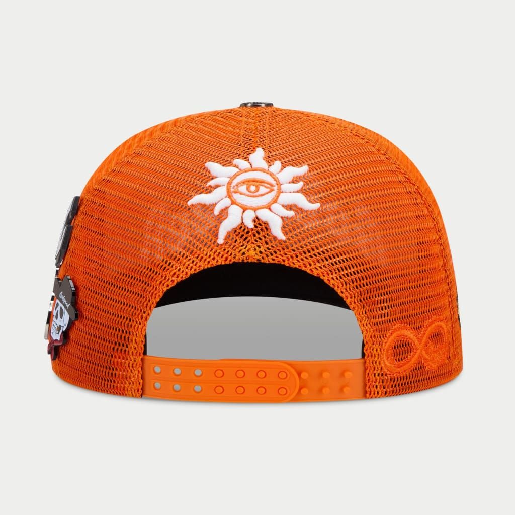 Orange mesh cap with a white embroidered design on a light gray background