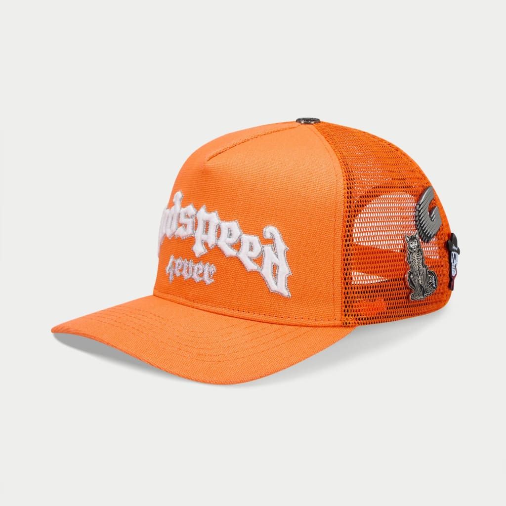 Orange cap with mesh design and branding on a light gray background
