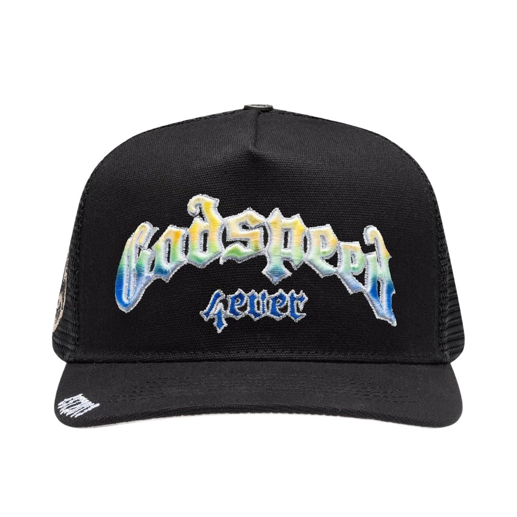 Godspeed 4ever Signature Trucker Hat with color-changing embroidery, collectible pin set, and limited edition packaging.