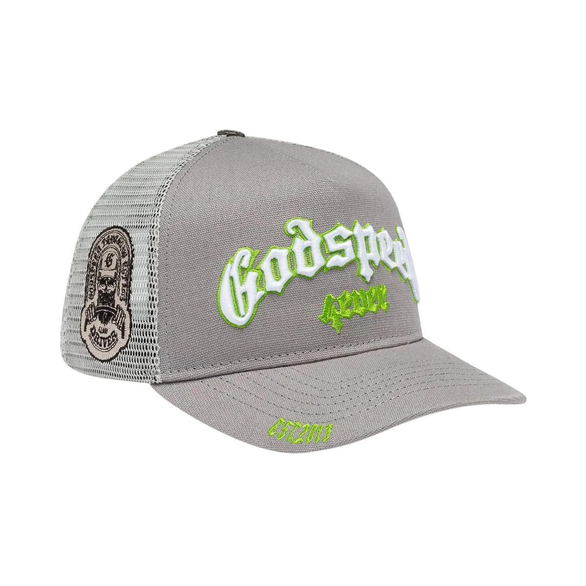 Godspeed GS Forever trucker hat in grey and lime with a classic mesh-back design, limited-edition packaging, and collectible pin set.