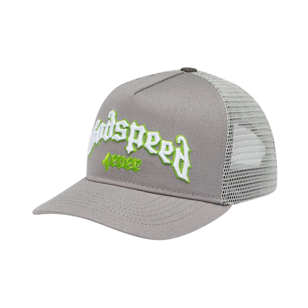 Godspeed GS Forever trucker hat in grey and lime with a classic mesh-back design, limited-edition packaging, and collectible pin set.