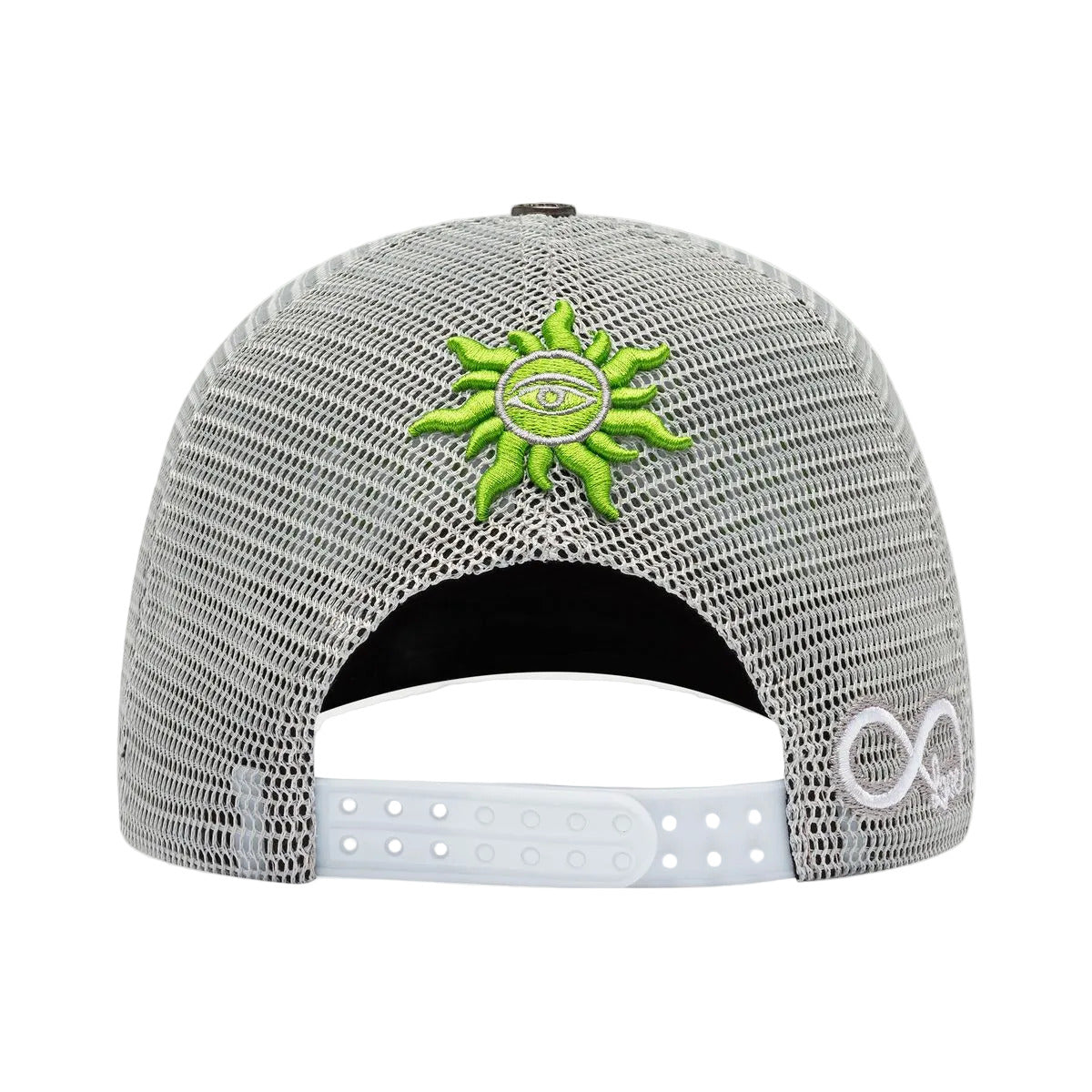 Godspeed GS Forever trucker hat in grey and lime with a classic mesh-back design, limited-edition packaging, and collectible pin set.