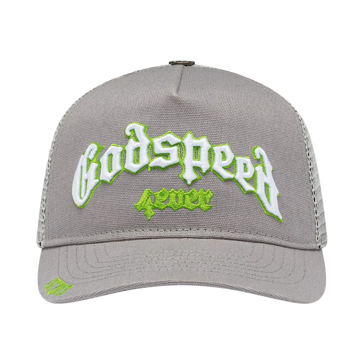 Godspeed GS Forever trucker hat in grey and lime with a classic mesh-back design, limited-edition packaging, and collectible pin set.