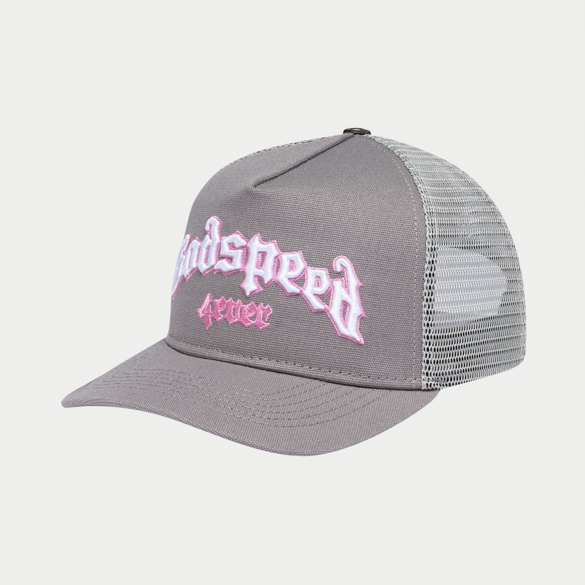 Gray trucker cap with pink text on a white background